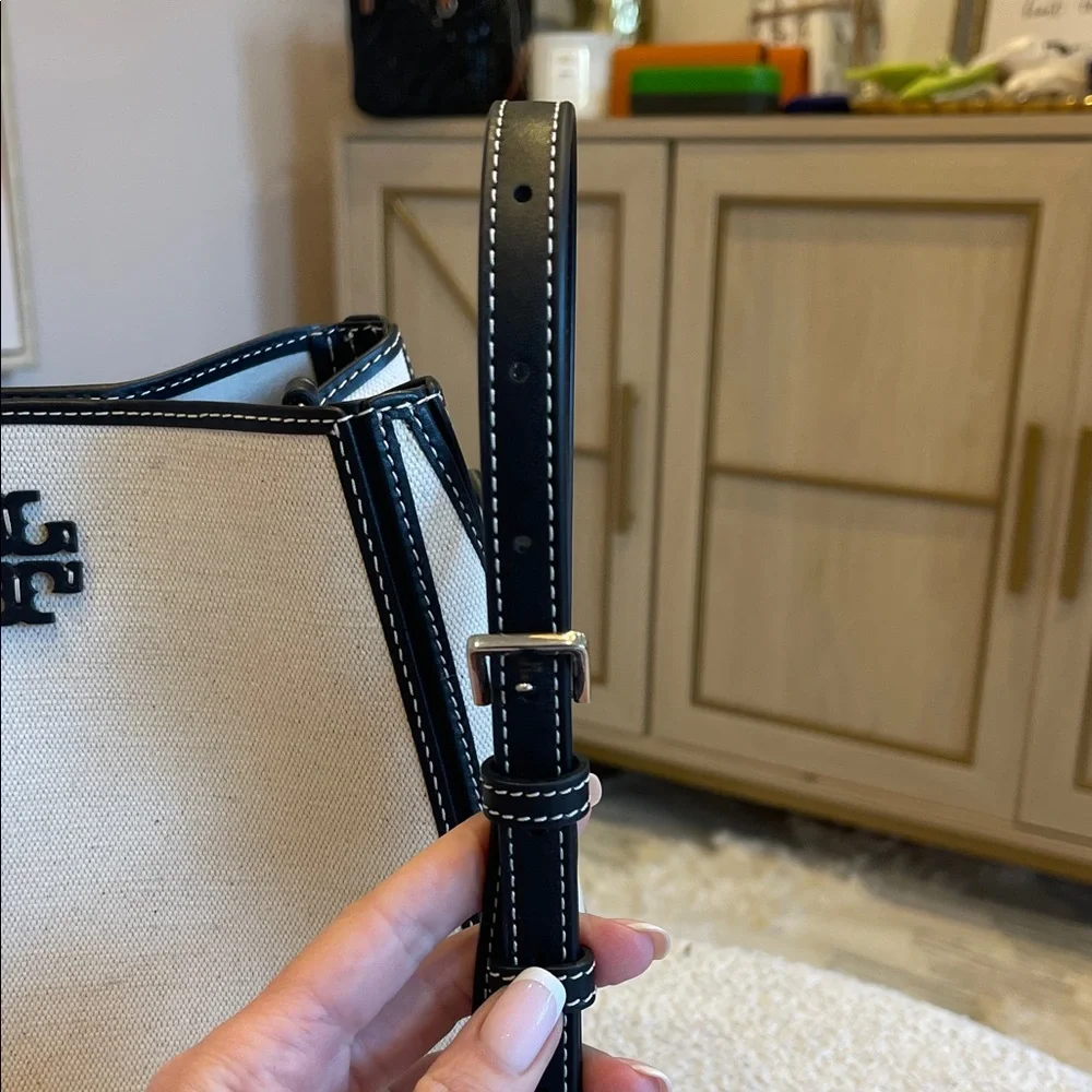 Tory Burch Ivory Canvas Bucket Bag with Black Trim - Picture 10 of 10